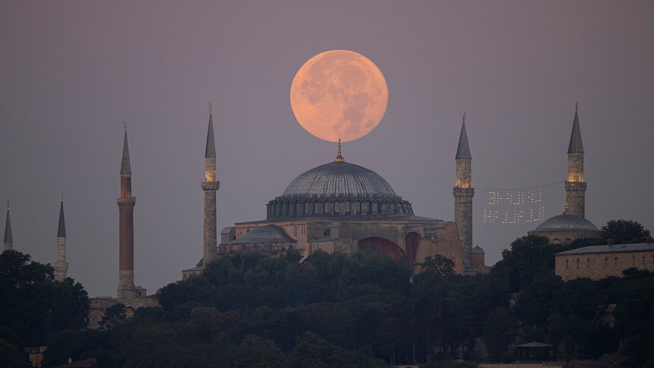 A supermoon rises over the Hagia Sophia in Turkey