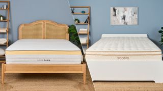 On the left, the Helix Dawn mattress on a rattan bed frame in a blue bedroom. On the right, a Saatva Classic mattress on a white bed frame in a blue bedroom