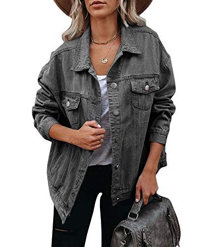 Women's Grey Denim Jacket, White and Black Print Crew-neck T-shirt, Grey  Ripped Jeans, Orange Athletic Shoes | Lookastic