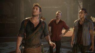 Screenshot from Uncharted: Legacy of Thieves Collection featuring Nathan Drake, Sully and Sam