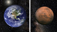 An illustration of Earth (left) and Mars (right) neighbors and terrestrial planets but built differently