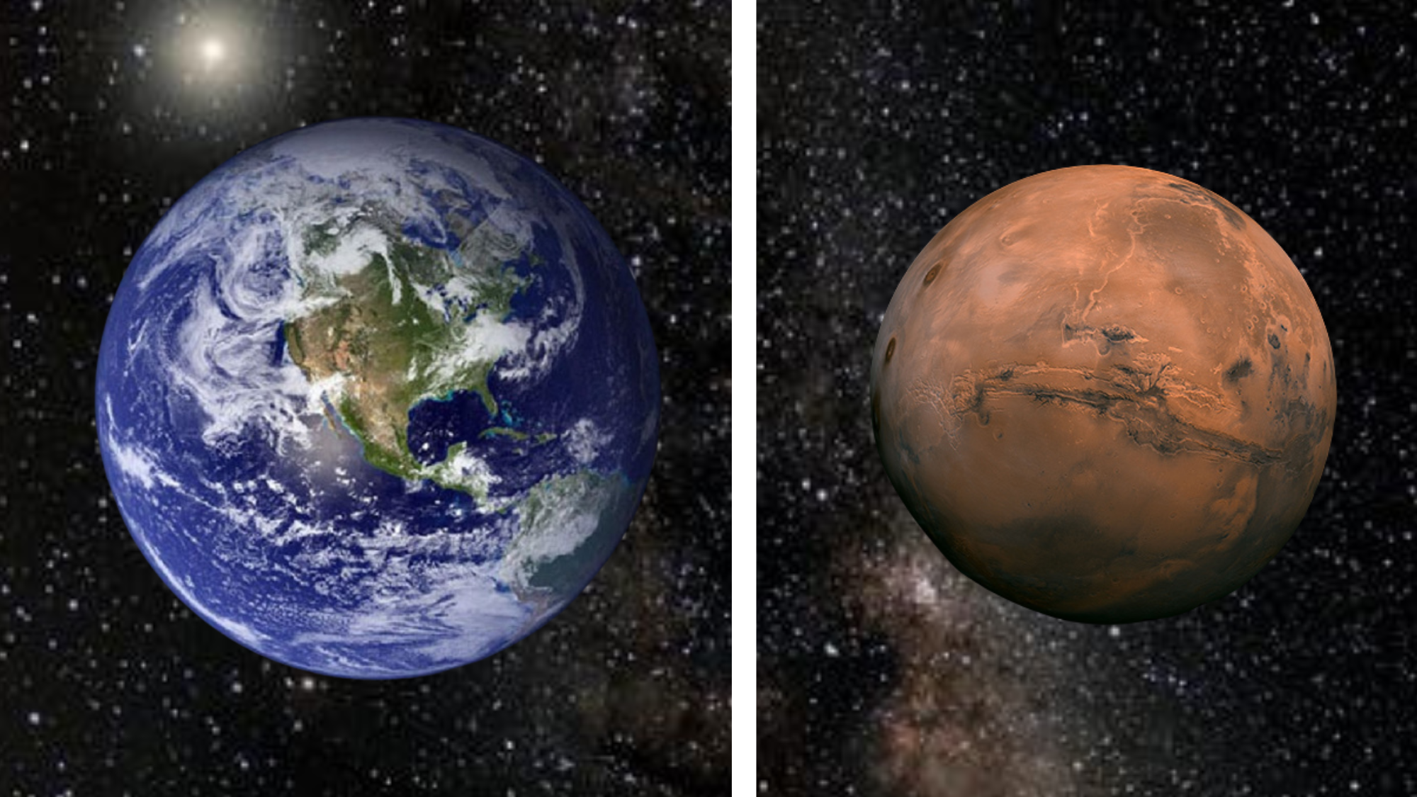 A blue green and white sphere next to a dusty red sphere. A vertical white live sits between the two