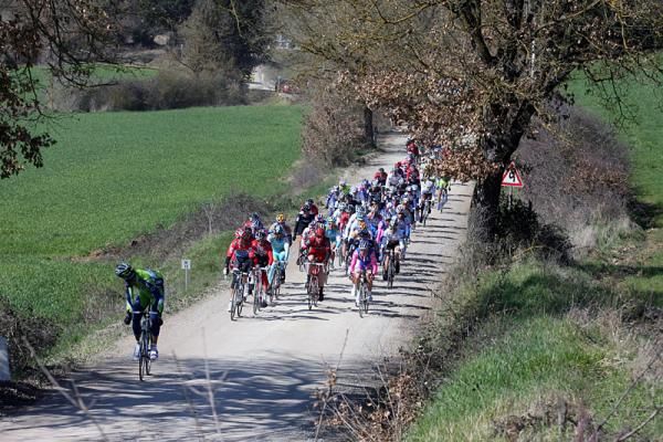 A Liquigas - Doimo rider checks on the peloton.