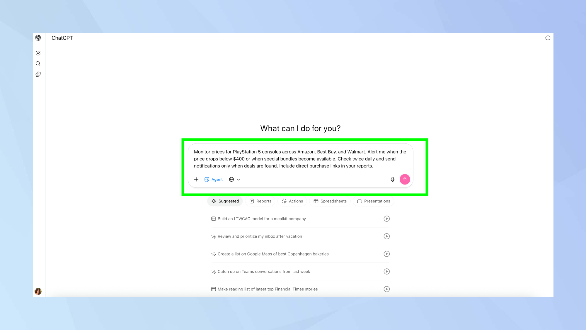 ChatGPT agent prompt