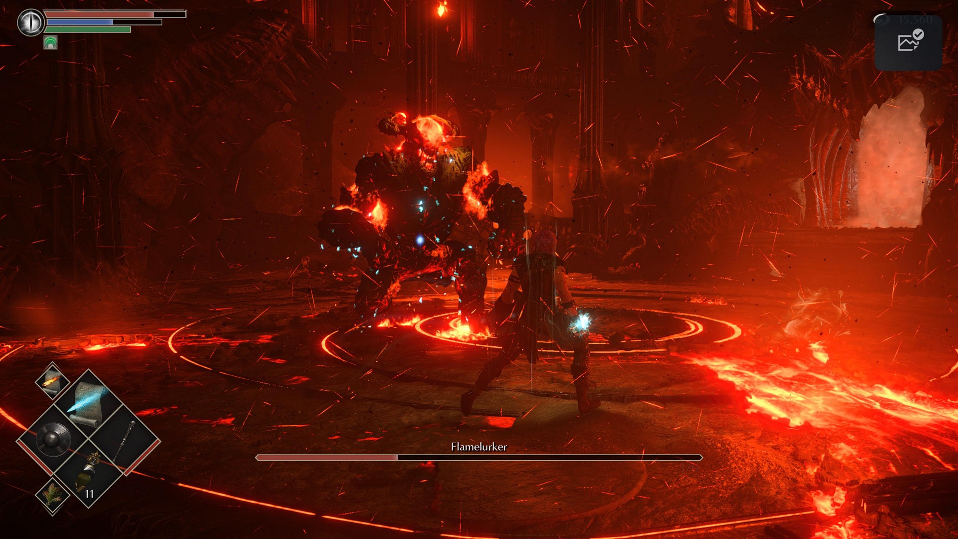 Circle strafing the fiery Flame Lurker boss in Demon&#039;s Souls as the arena also crackles