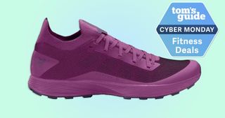 Arc'teryx trail shoe in purple with Cyber Monday badge