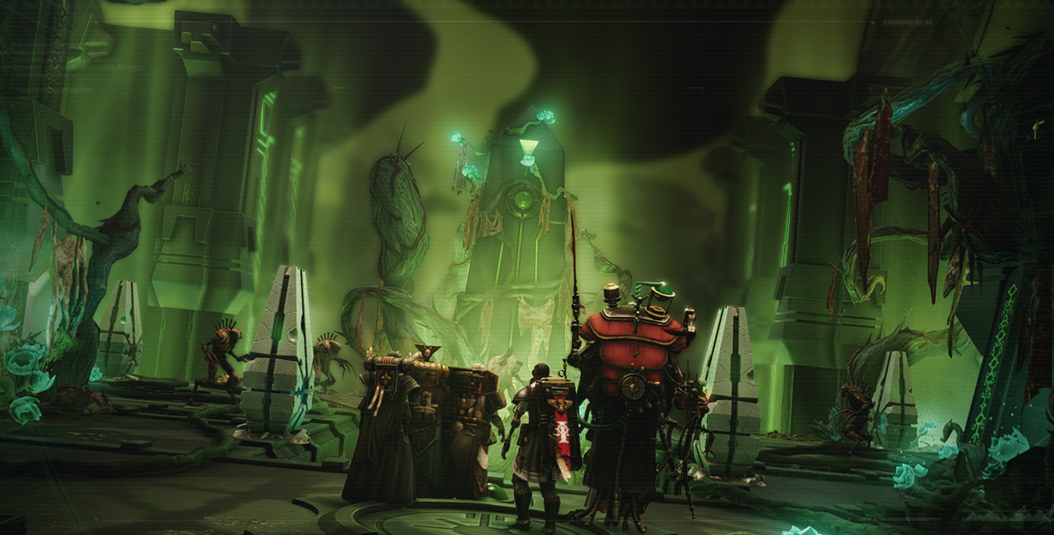 A group of armored figures stands in a glowing green, cavernous chamber with intricate machinery and hanging vines, evoking a mysterious, sci-fi atmosphere.