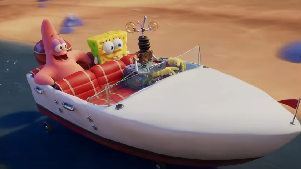 SpongeBob and Patrick driving a boat in The SpongeBob Movie: Sponge on the Run.