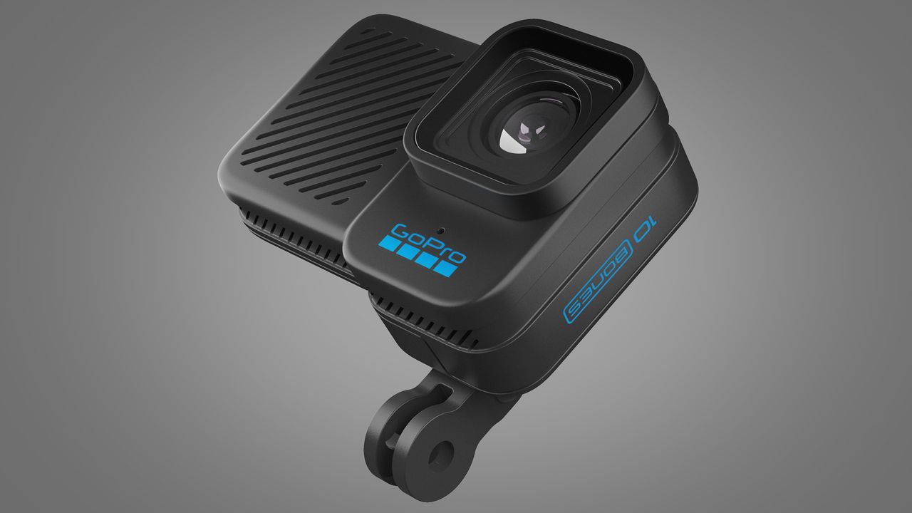The GoPro Hero 10 Black Bones camera on a grey background