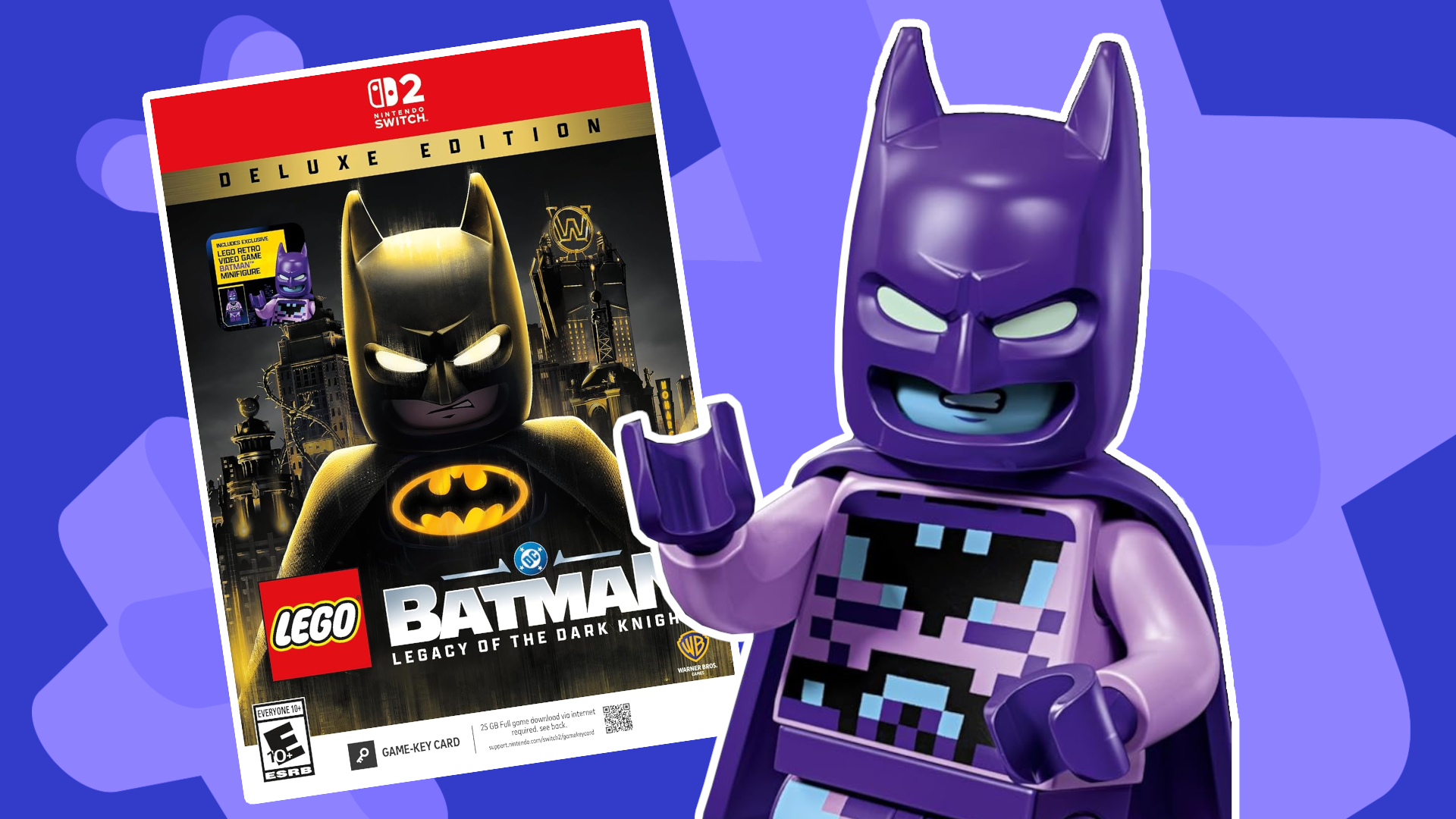Lego Batman: Legacy of the Dark Knight Switch 2 edition and the Retro Video Game Batman Minifigure on a blue background