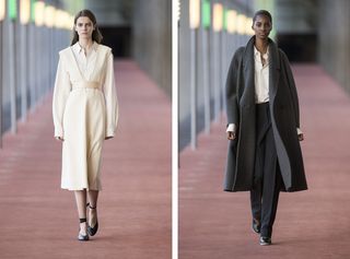 2 individual images with Female models on the runway of Lemaire A/W 2015 Womens fashion show