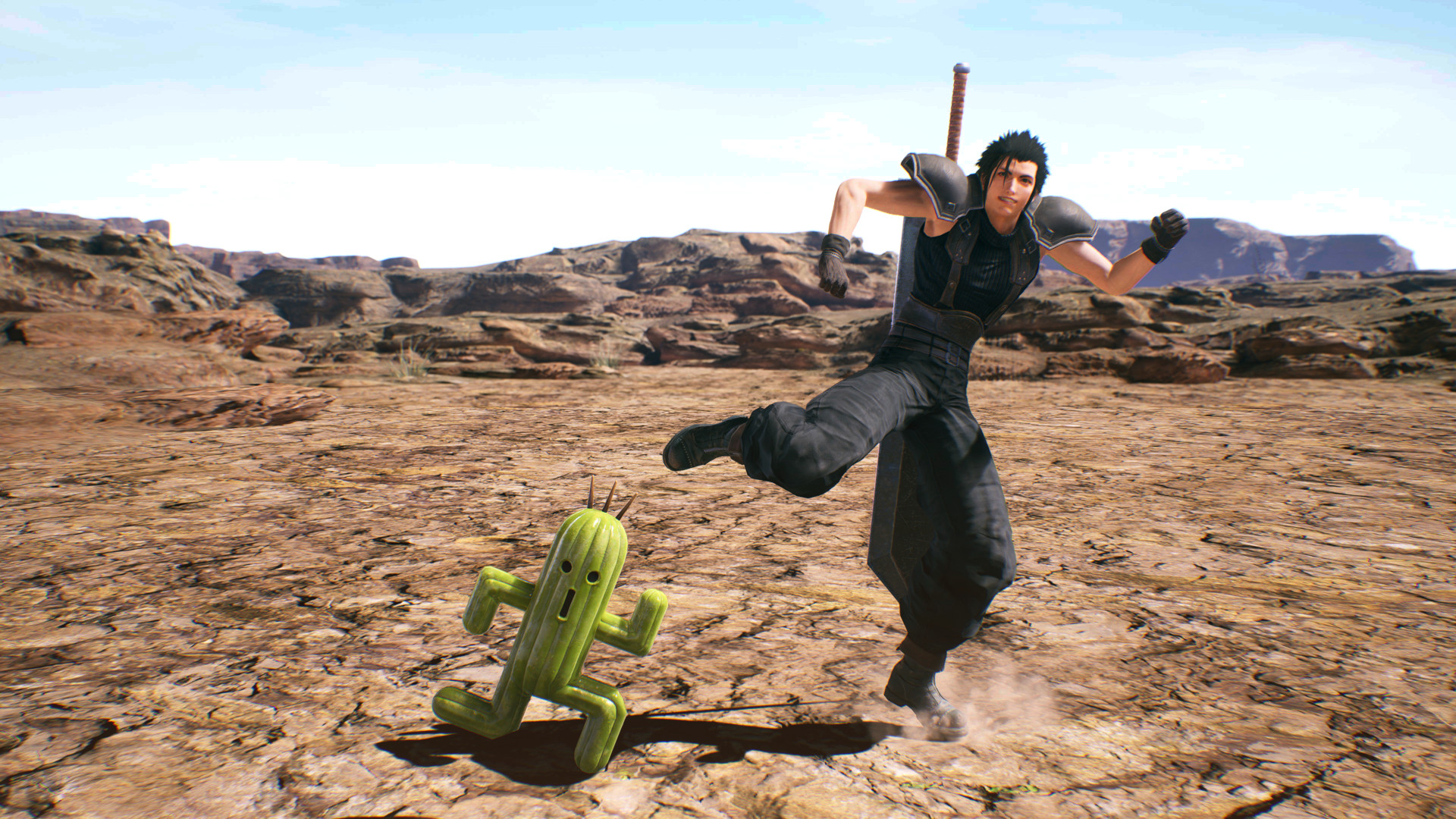 Zack dances with the cactuar summon in Crisis Core: Final Fantasy 7 Reunion