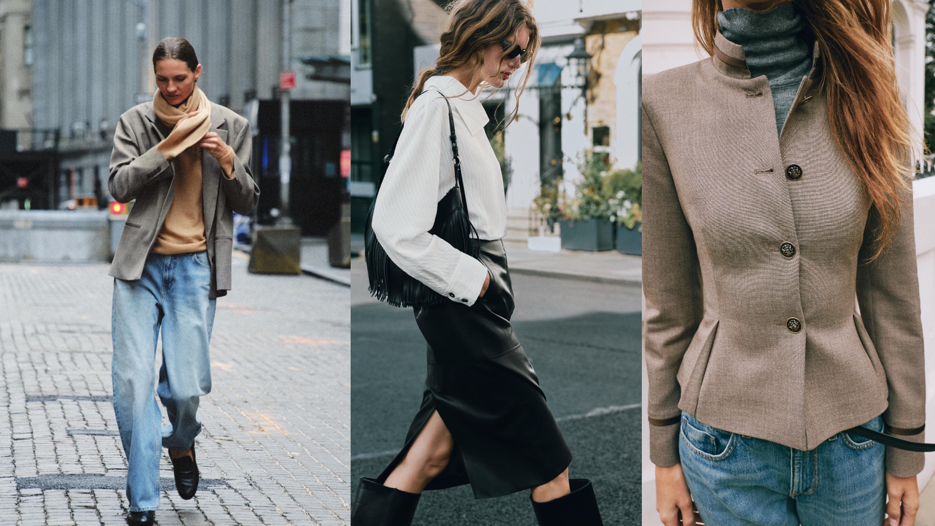 Zara campaign models wearing blue jeans, stirrup leggings, knitwear, and blazers