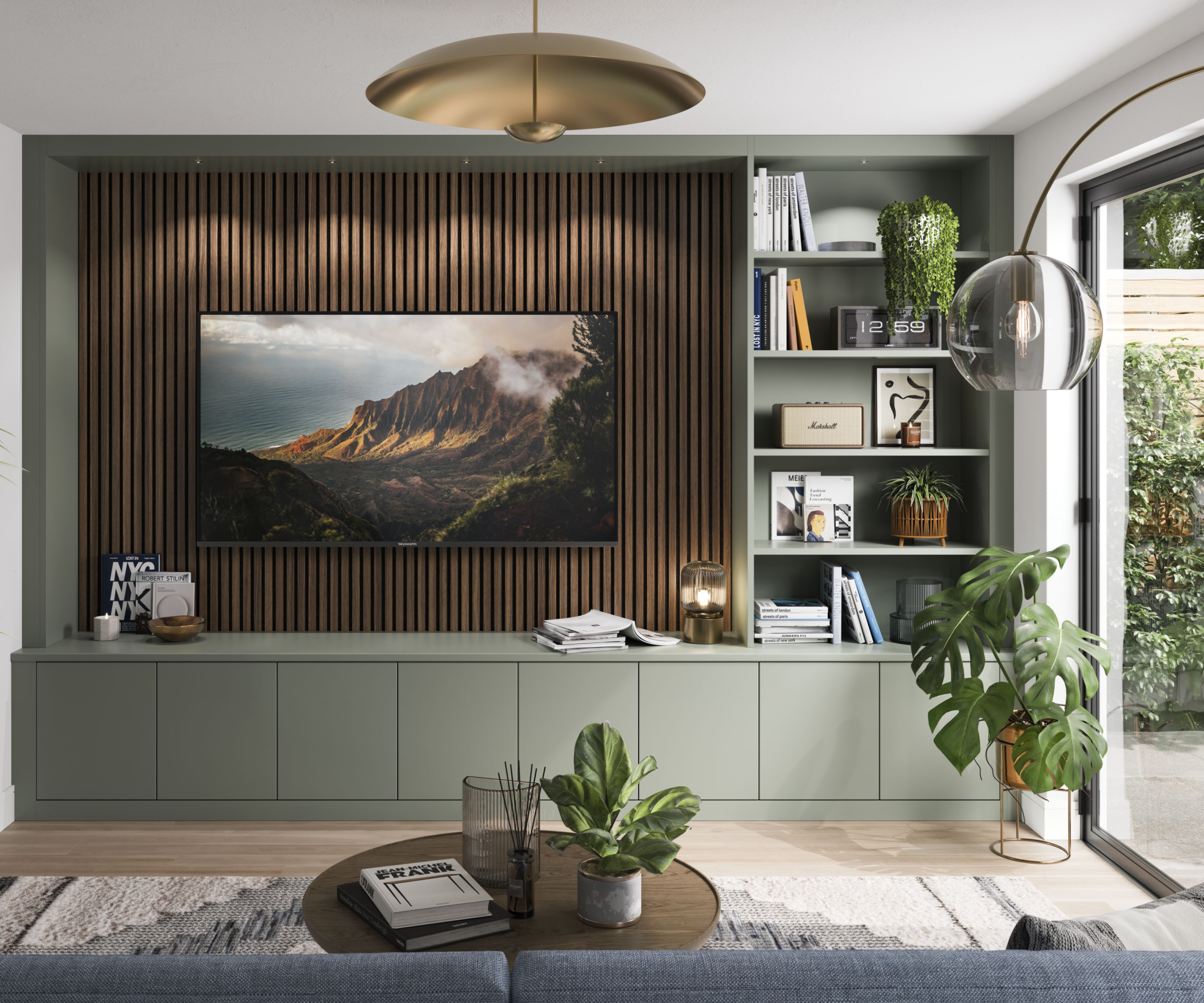 tv mounted on wall panelling in built in green bespoke media wall in living room