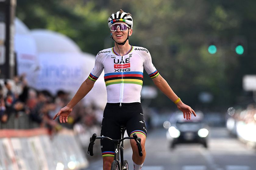 VARESE, ITALY - OCTOBER 07: Tadej Pogacar of Slovenia and UAE Team Emirates celebrates at finish line as race winner during the 104th Tre Valli Varesine 2025 a 200.3km one day race from Busto Arsizio to Varese on October 07, 2025 in Varese, Italy. (Photo by Dario Belingheri/Getty Images)