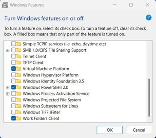 Windows 11 Windows Features Virtual Machine Platform selected