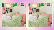 A rainbow pastel background with two dorm room images