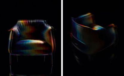 front and back view of Archibald chair by Poltrona Frau, with digital printed chromatic motif
