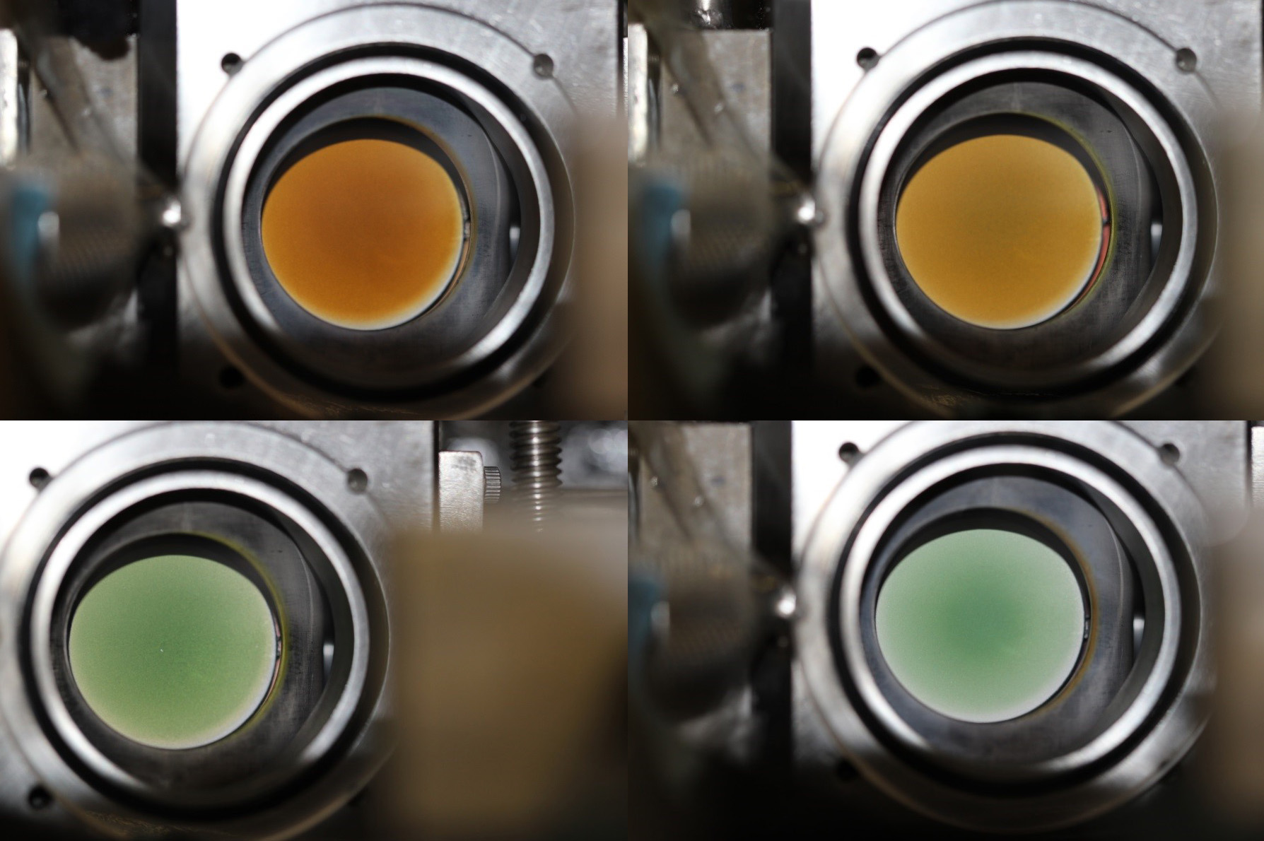 Samples of ammonium hydrosulfide hit by simulated cosmic rays vary in color from red to green. From leftTop left,: S sample at 10 Kelvin; top right, sample at 50 Kelvin; bottom left, sample at 120 Kelvin; bottom right, sample at 160 Kelvin.