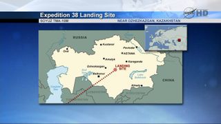 This NASA graphic depicts the landing site for the Russian Soyuz TMA-10M spacecraft returning NASA astronaut Mike Hopkins and Russian cosmonauts Oleg Kotov and Sergey Ryazanskiy to Earth on March 10, 2014 EDT to end their Expedition 38 mission to the Inte