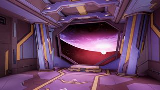 Making Journey to Foundation; a view from a space station looking at a purple planet