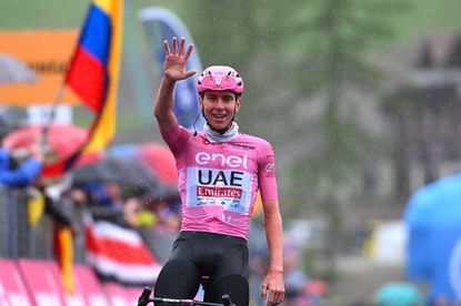 SANTA CRISTINA VALGARDENA MONTE PANA ITALY MAY 21 Tadej Pogacar of Slovenia and UAE Team Emirates Pink Leader Jersey celebrates at finish line as stage winner during the 107th Giro dItalia 2024 Stage 16 a 1187km stage from Lasa Laas to Santa Cristina Valgardena Monte Pana 1625m Route and stage modified due to adverse weather conditions UCIWT on May 21 2024 in Santa Cristina Valgardena Monte Pana Italy Photo by Dario BelingheriGetty Images