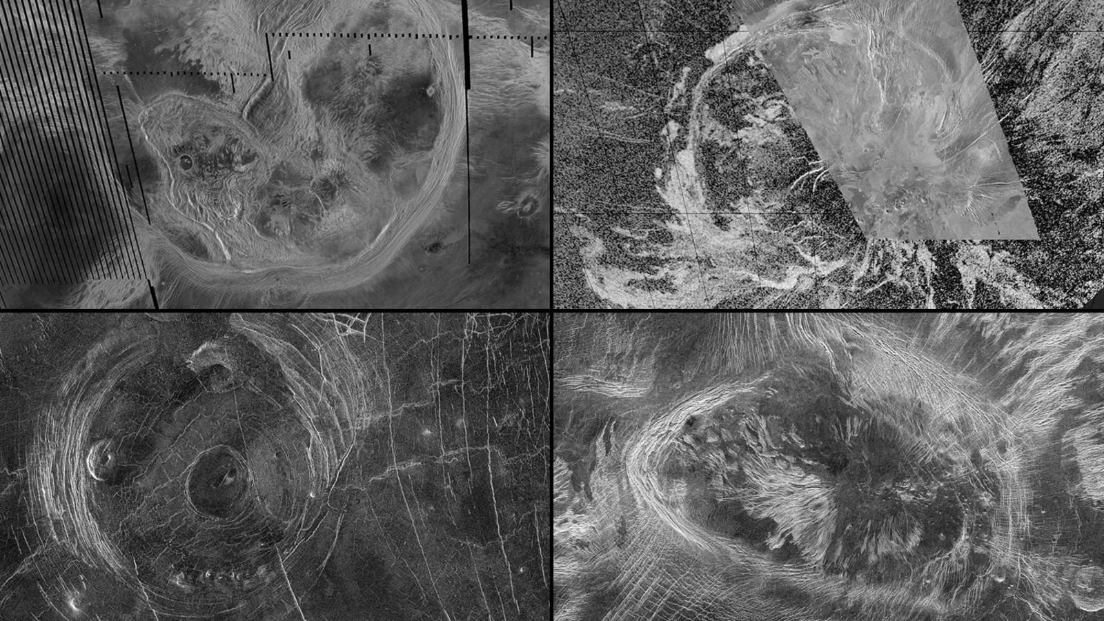 four black and white images of light circular shapes on a dark grey background