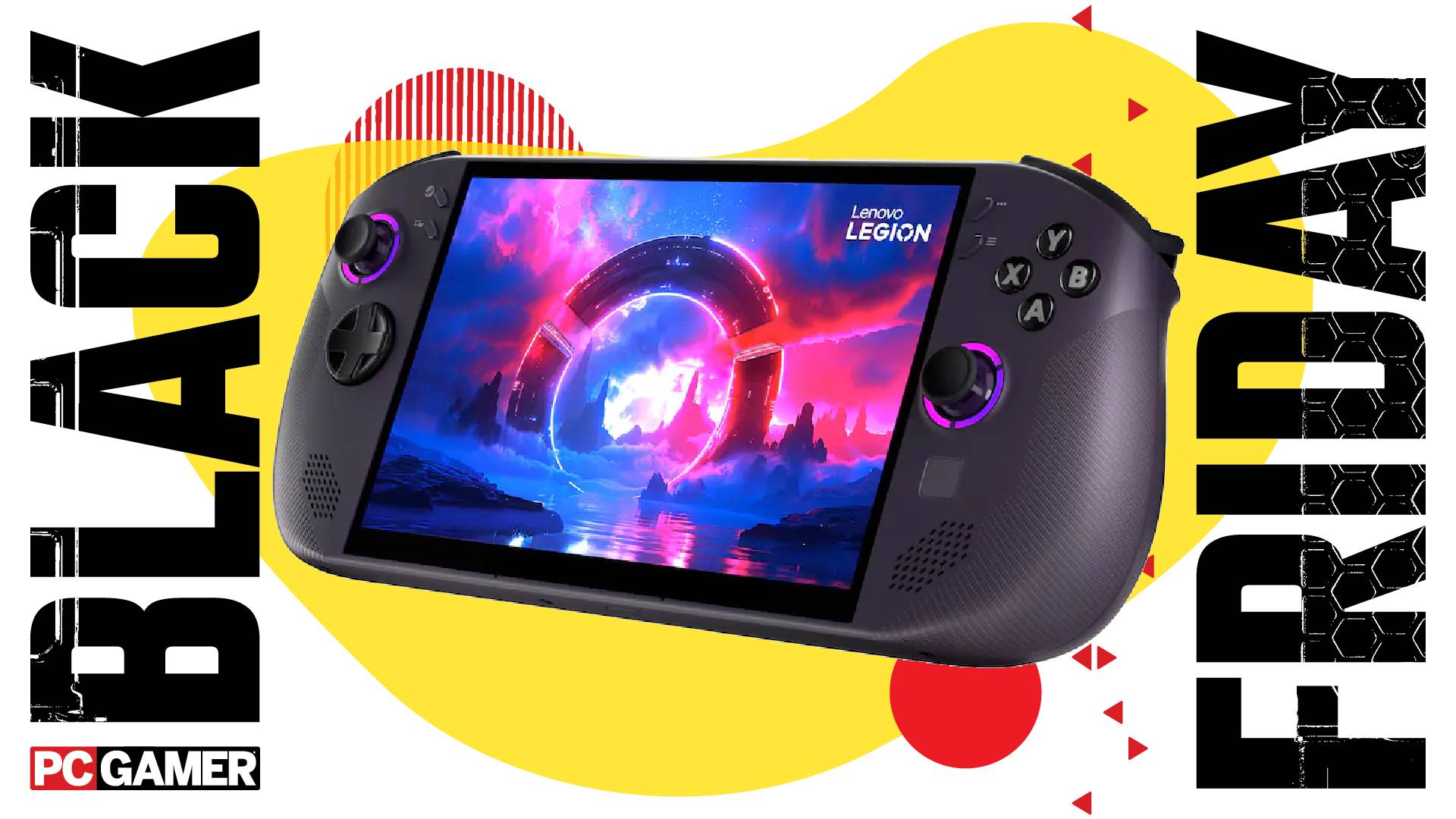 A Lenovo Legion Go S on a custom Black Friday background