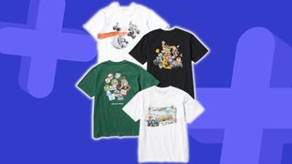 Uniqlo Mario Kart collection adults shirts on a blue background