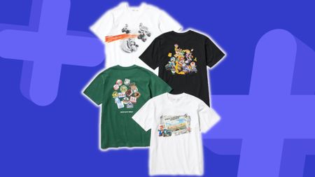 Uniqlo Mario Kart collection adults shirts on a blue background