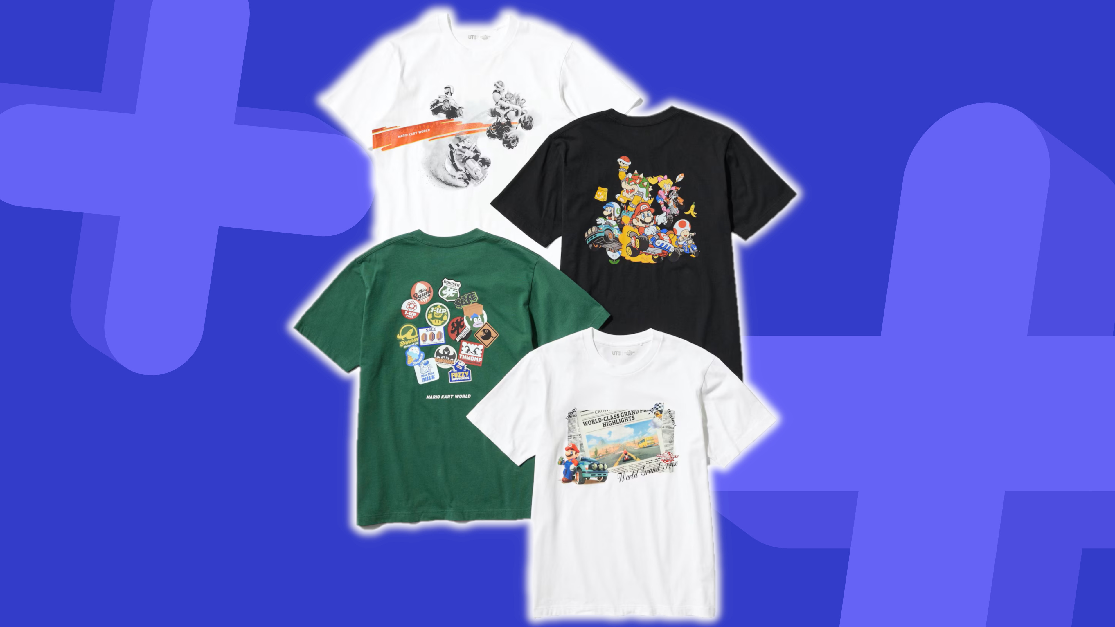 Uniqlo Mario Kart collection adults shirts on a blue background