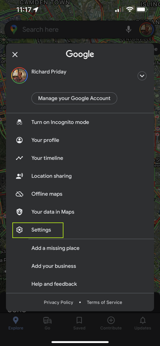 Google Maps menu with setting highlighted