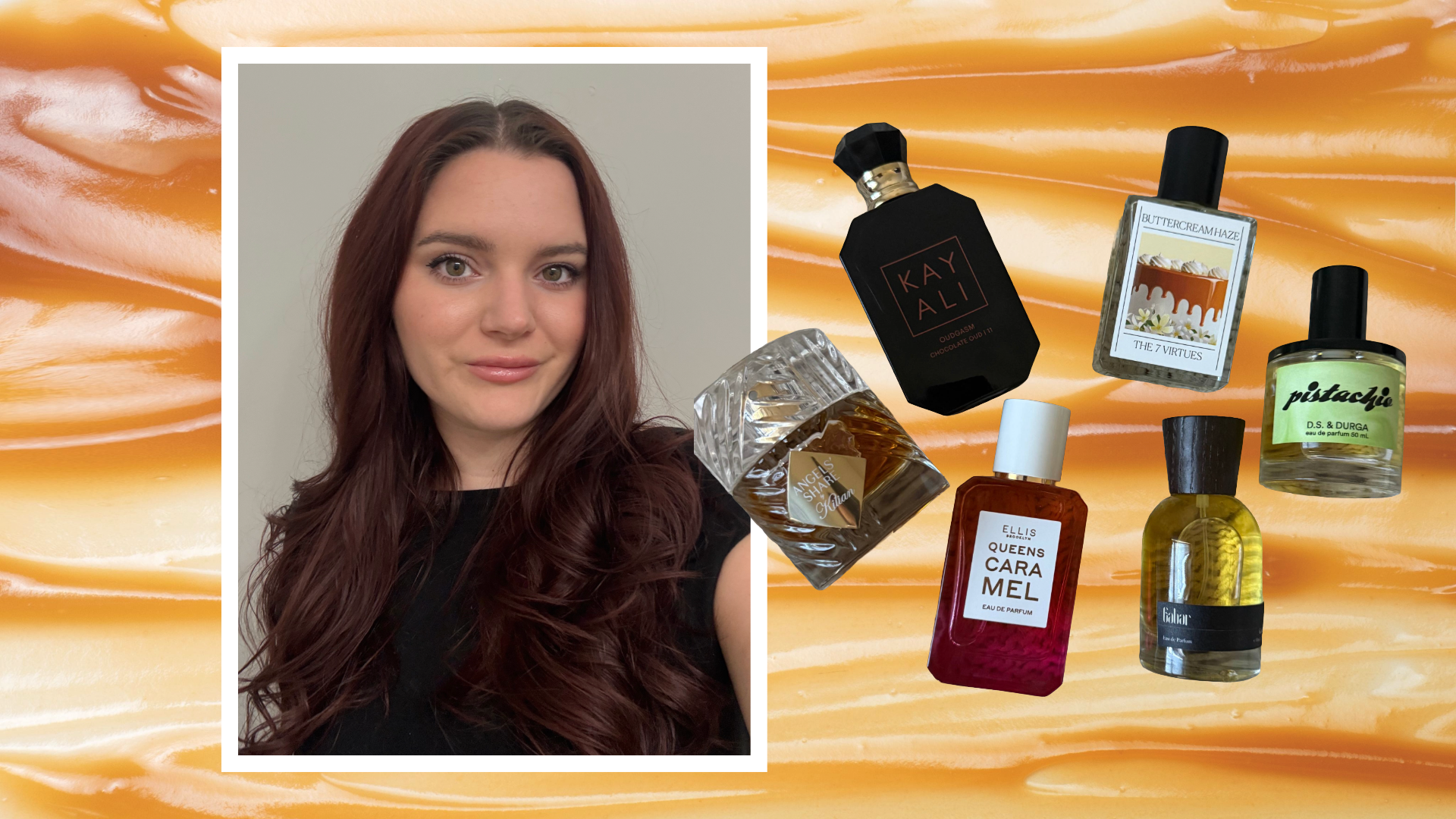 headshot of brooke knappenberger with white border with photos of the 7 virtues buttercream haze, ds & durga pistachio, gabar galone, ellis brooklyn queens caramel, kilian angels share overlaid on Caramel smeared background