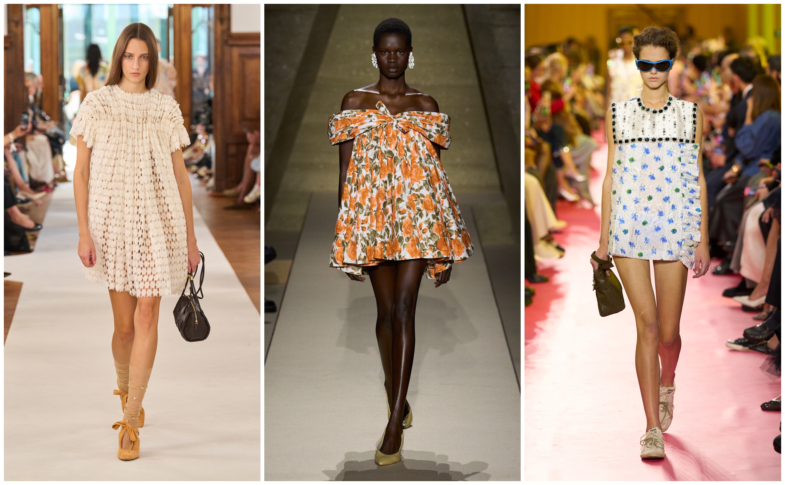 babydoll dresses on the spring 2026 runways of Ulla Johnson, Chloe, and Miu Miu