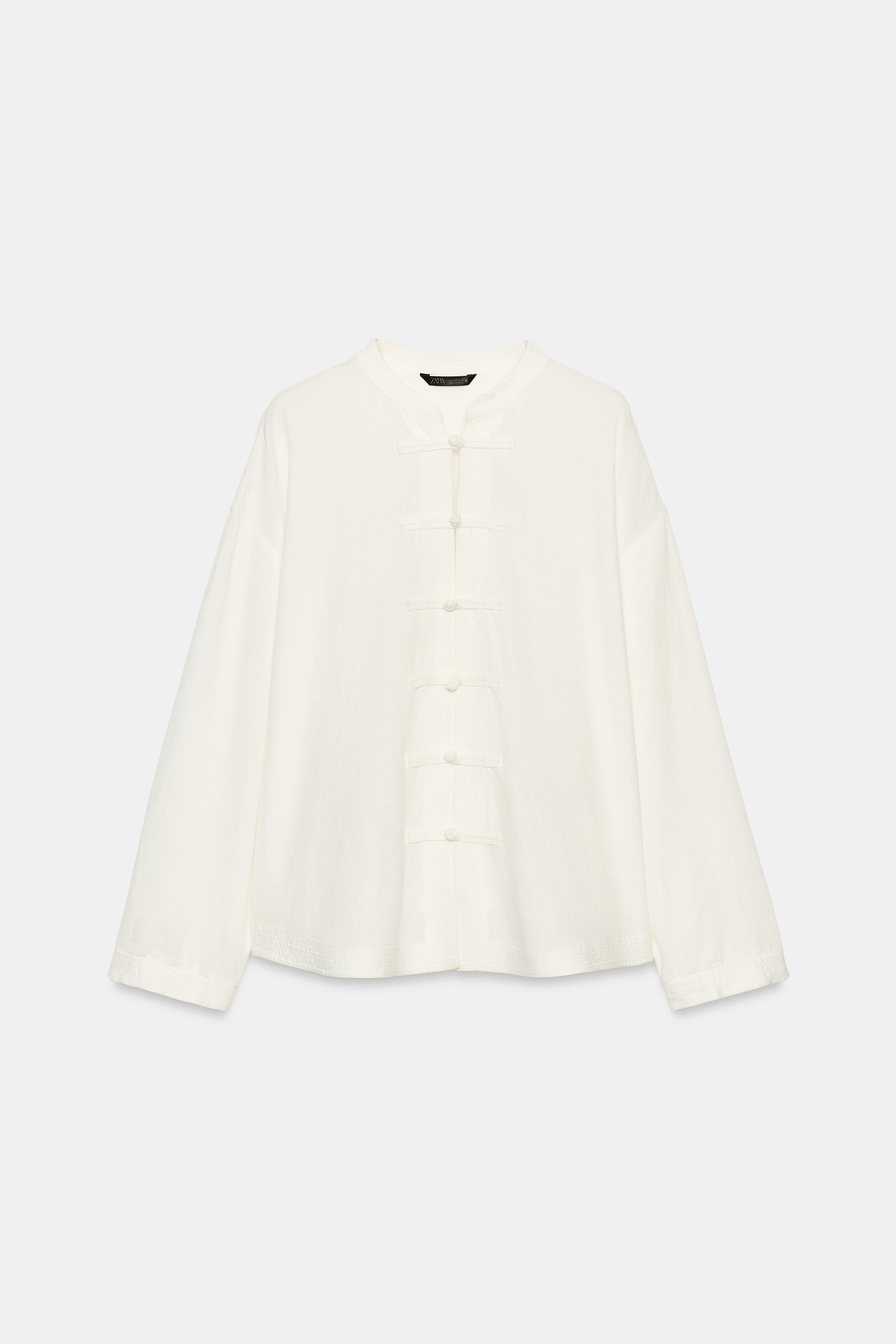 Linen Oversized Shirt With Frog Fastening - White - Xs