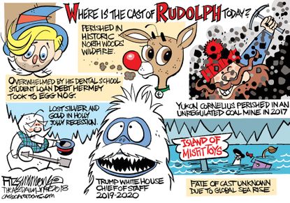 Political cartoon U.S. Rudolph Christmas movie student loan debt coal mining climate change