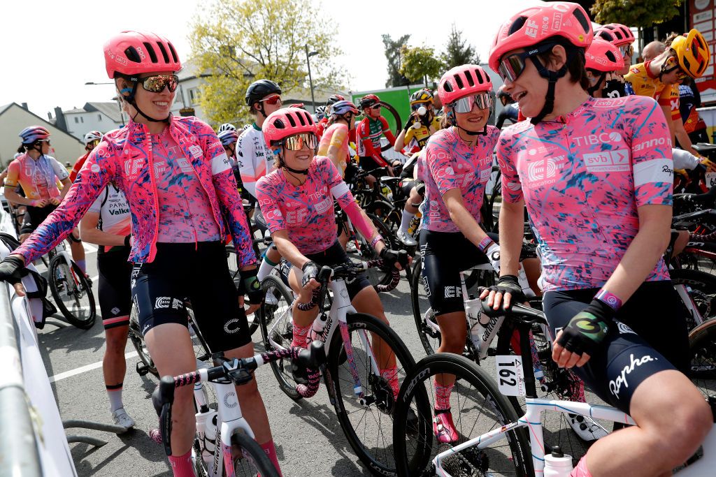 STEINFORT LUXEMBOURG APRIL 30 Lauren Stephens of United States Kathrin Hammes of Germany Tanja Erath of Germany Veronica Ewers of United States Clara Honsinger of United States Magdeleine VallieresMill of Canada and Team EF Education Tibco Svb prior to the 14th Ceratizit Festival Elsy Jacobs 2022 Stage 1 a 1214km stage from Steinfort to Steinfort felsy on April 30 2022 in Steinfort Luxembourg Photo by Bas CzerwinskiGetty Images