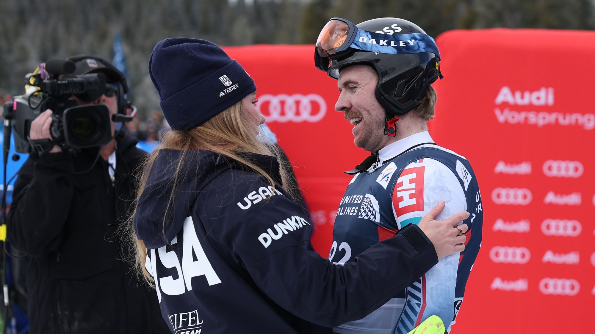 Aleksander Aamodt Kilde of Norway and Mikaela Shiffrin of United States at the Stifel Copper Cup in 2025 