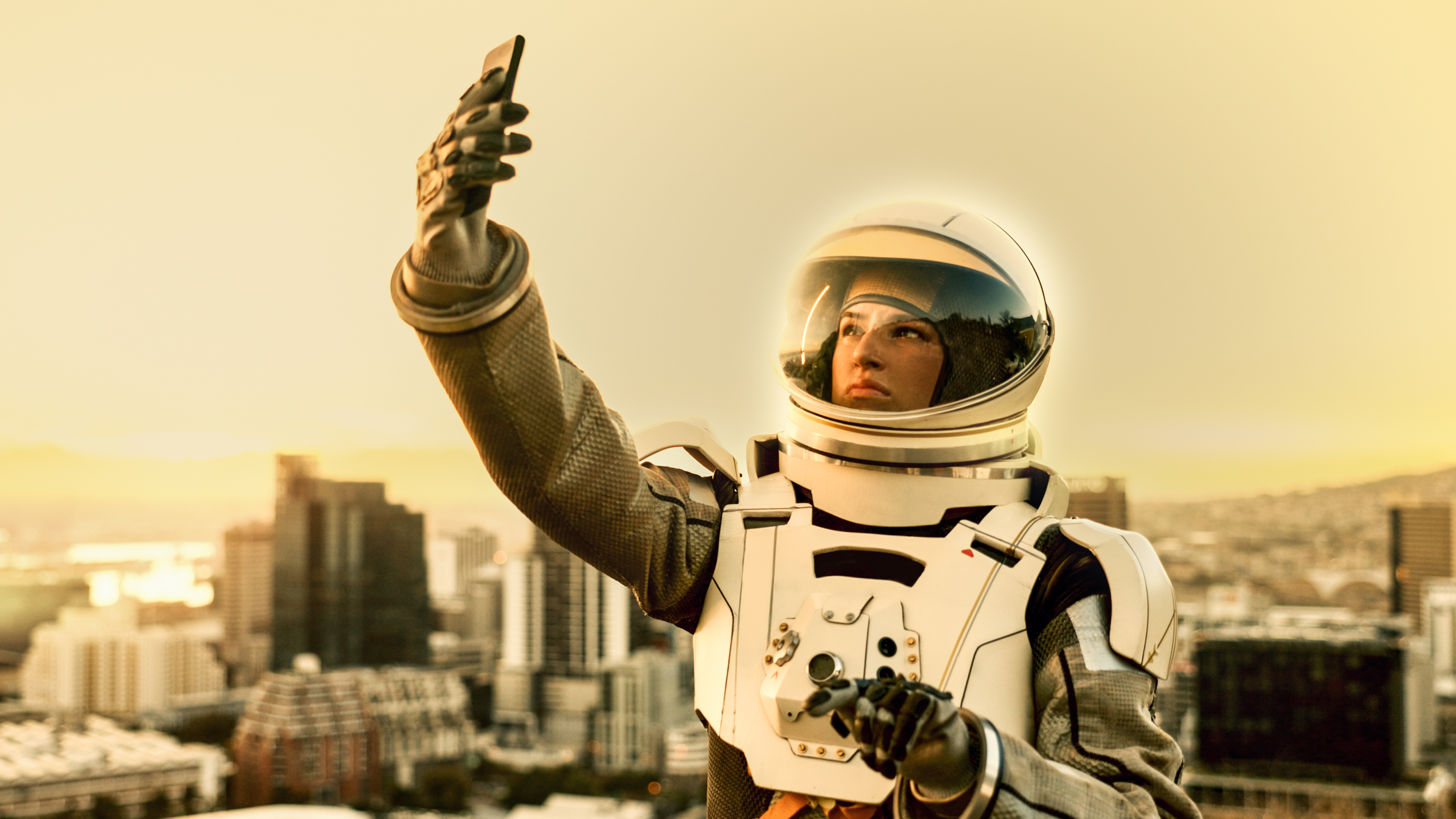 City, navigation and phone with astronaut woman outdoor on planet earth for directions or space exploration. Memory, search and selfie with interstellar person in universe for adventure or photograph