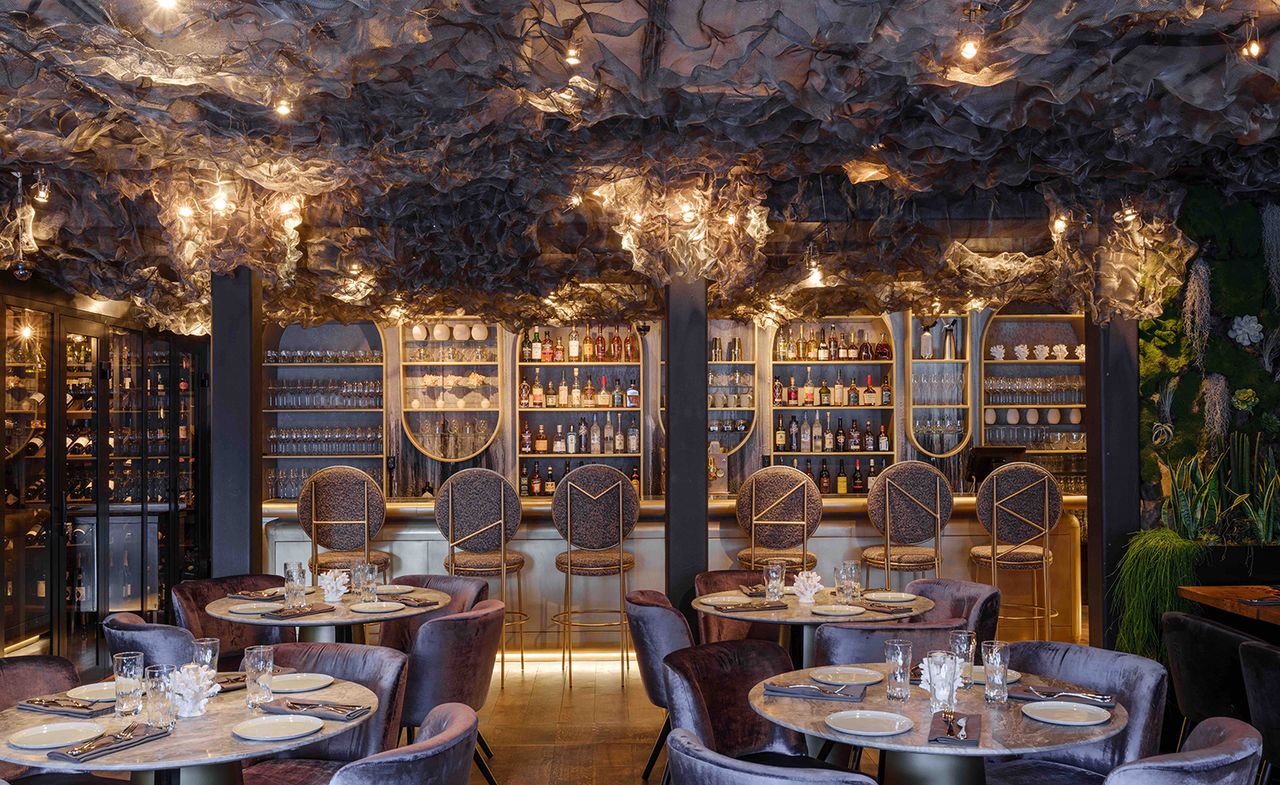 Bar area of the Human restaurant Moscow with gold and grey chairs and gold shelves behind the bar