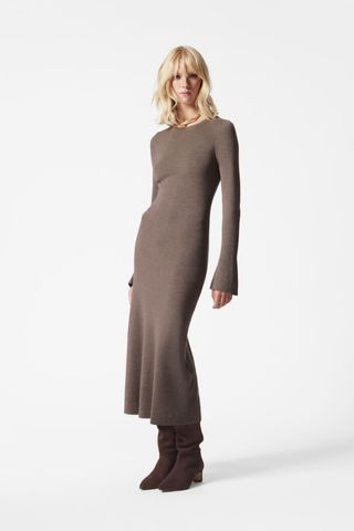 Flared-Sleeve Knitted Midi Dress