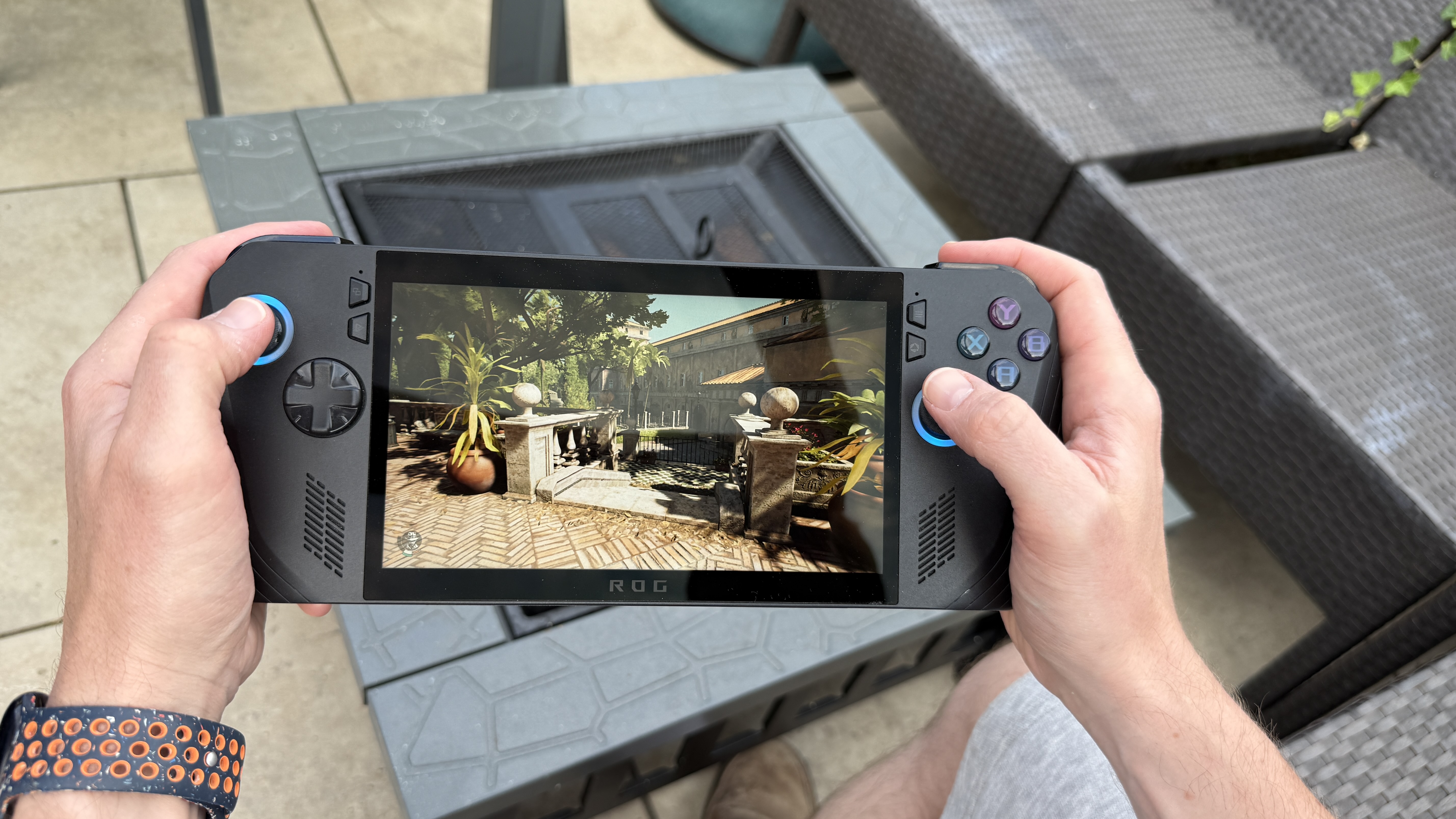 Asus Rog Ally X seen outside in direct sunlight