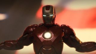Iron Man standing on stage at Stark Expo in Iron Man 2