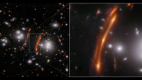 two-panel image. In the left panel, dozens of small galaxies are scattered on the black background of space. Just to the left of the center, there is a long, red arc. At its left is a cluster of a few white galaxies that look like a glowing orb. To the right of the center, the red arc and glowing orb of galaxies at the left appear to be mirrored. The curved and distorted galaxy image on the right side is highlighted with a white box. Lines extend from the box’s corners to the right panel, which shows an enlarged view of the curved galaxy. Three faint points of light are circled.