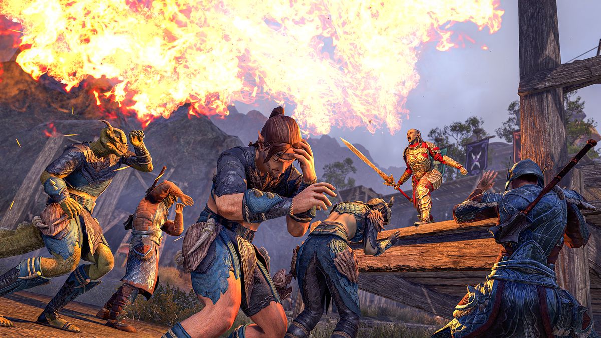 A screenshot from The Elder Scrolls Online showing a person breathing fire on a platform above other characters.