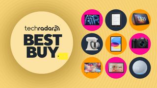 Best Buy and Techradar logo on yellow background with multi-colored collage of various products