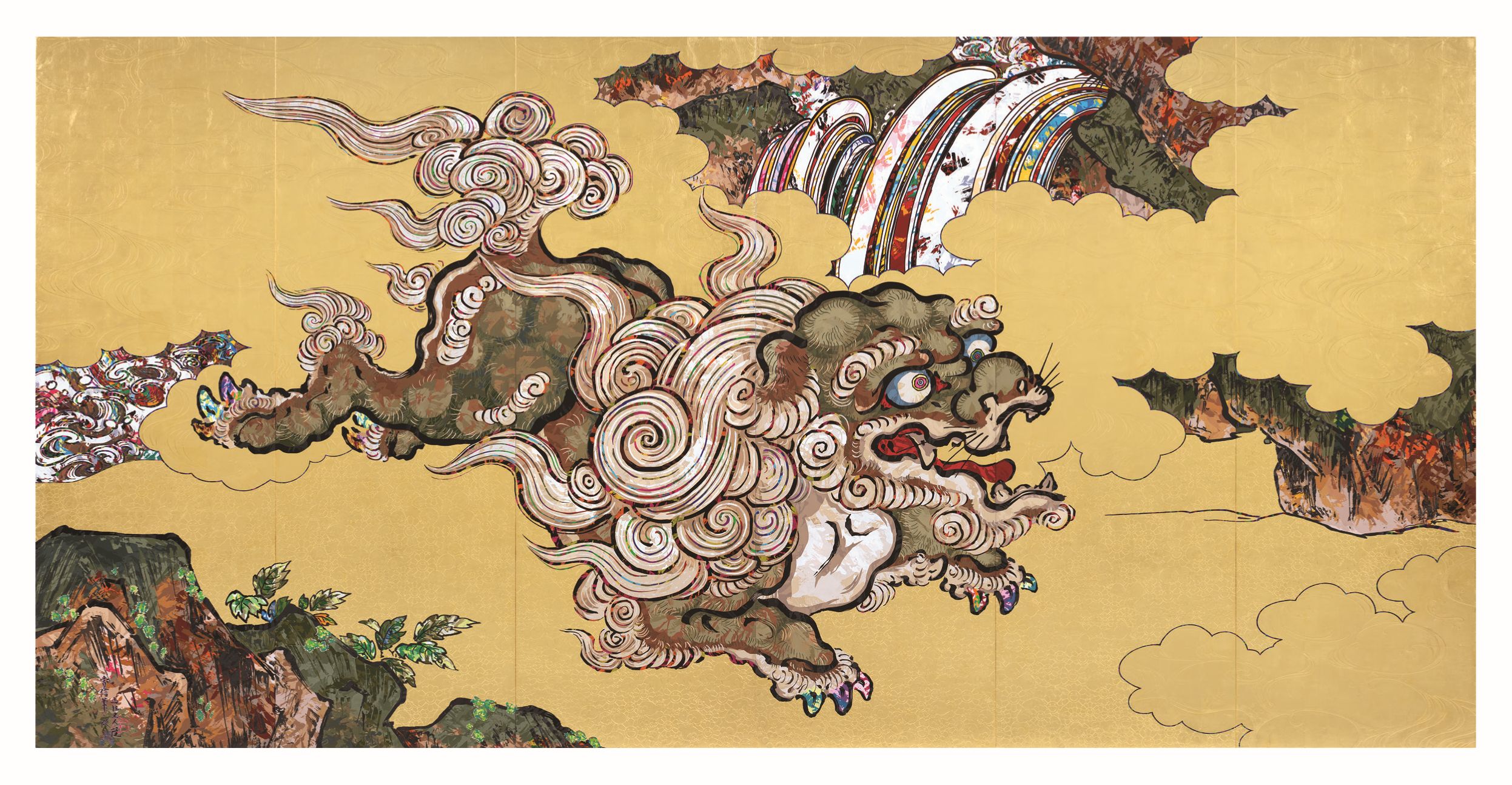 Kaikai Kiki Style "Karajishi-zu Byōbu", 2024. Takashi Murakami. Acrylic and gold leaf on canvas mounted on aluminum frame; Diptych, each 2240 × 4530 mm. ©2024 Takashi Murakami/Kaikai Kiki Co., Ltd. All Rights Reserved.
