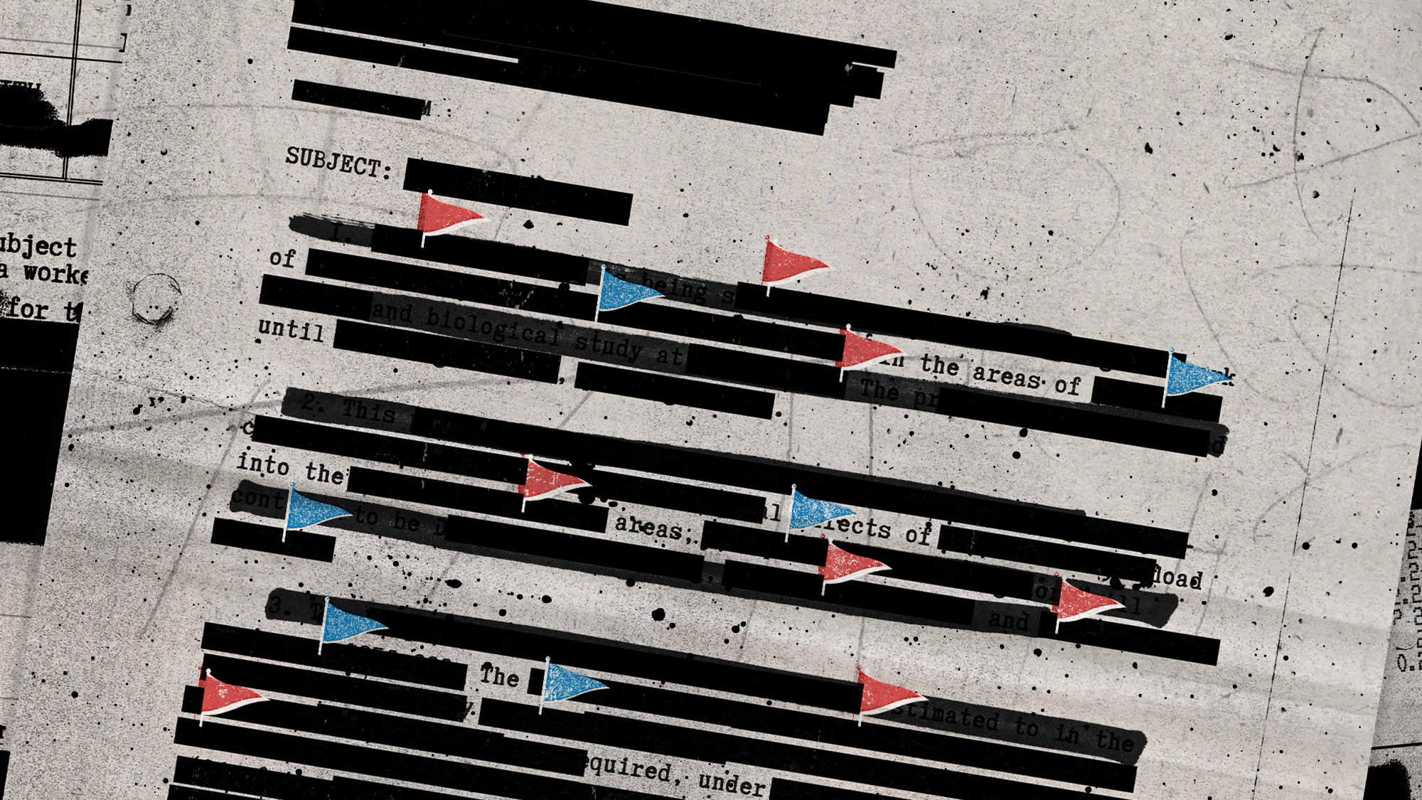 Photo collage of a heavily redacted document, with little red and blue flags scattered over it