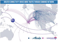 A map showing new routes Alaska Airlines will assume if the merger with Hawaiian Airlines is successful.