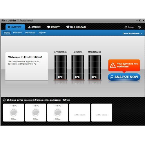 The Avanquest Fix-It Utilities Pro homepage provides an overview of your optimization, security and maintenance.
